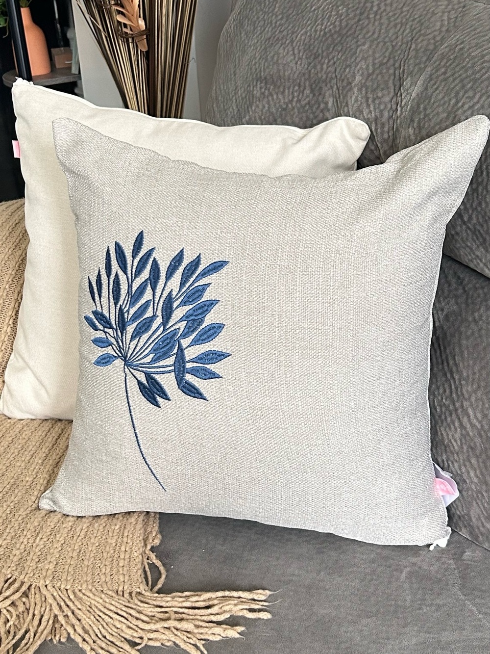 Gray  Linen-Look pillowcase cover with Blue Leaf Embroidery